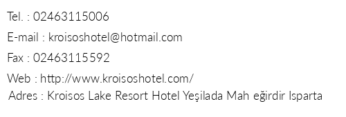 Kroisos Lake Resort Hotel telefon numaralar, faks, e-mail, posta adresi ve iletiim bilgileri